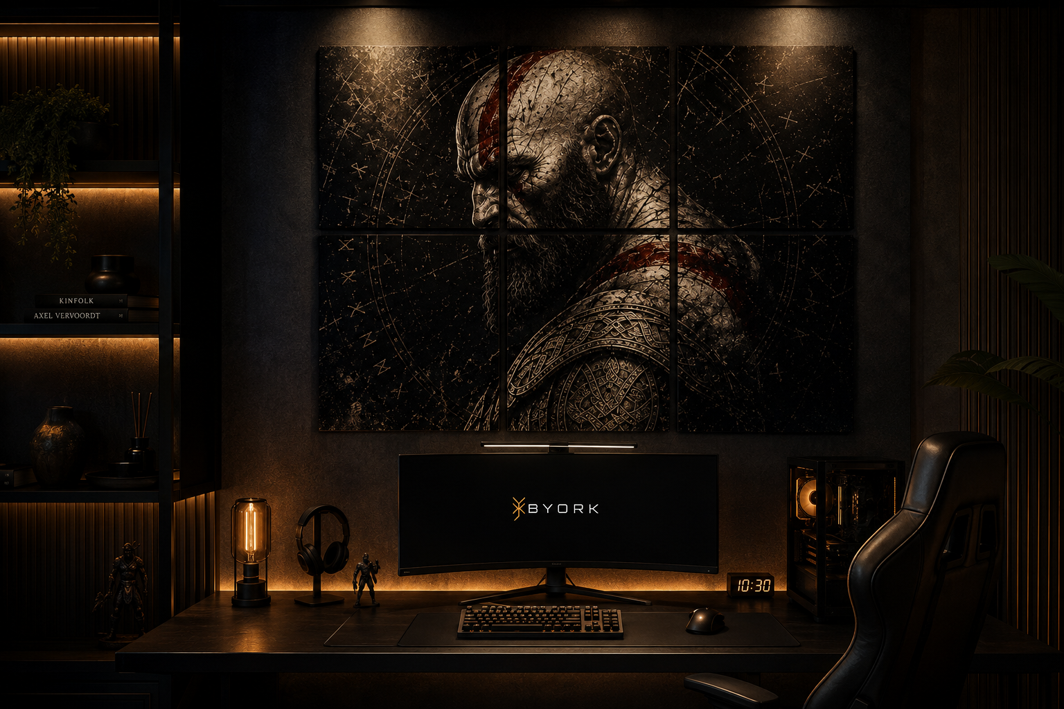 Painel metálico BYORK em mosaico instalado em setup gamer premium