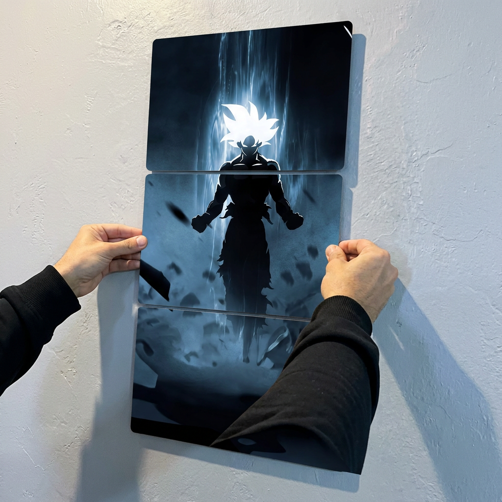 Placa metálica personalizada sendo instalada na parede, arte anime