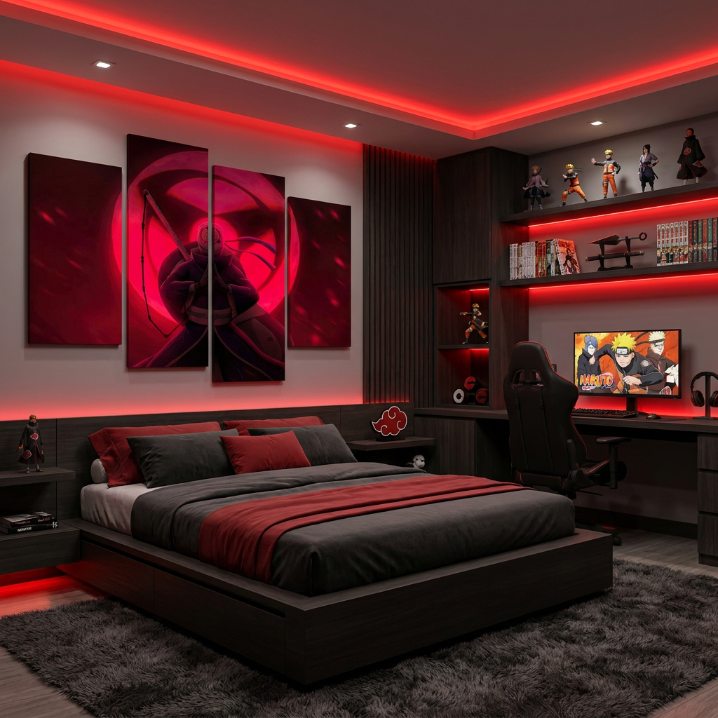 Painel metálico em mosaico BYORK, arte exclusiva tema Naruto, instalado em quarto gamer