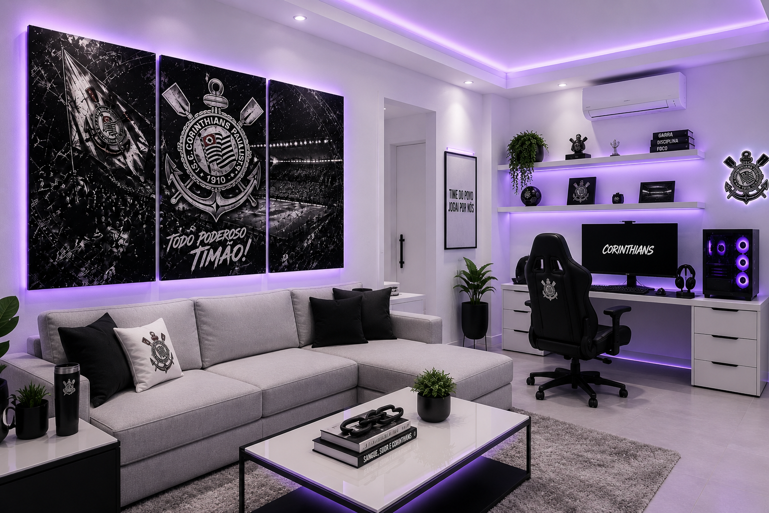 Sala decorada com painel metálico personalizado do Corinthians